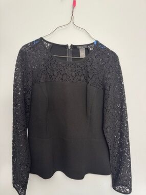 Anne Klein Black Lace-Panel Long Sleeve Top